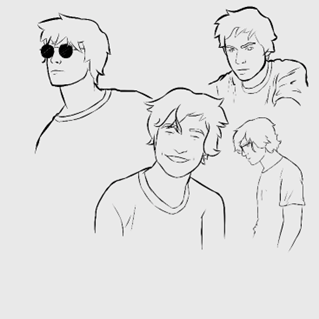 The image shows four sketches of a comic book character named Oliver. Each sketch portrays different expressions and angles of the character. Oliver is drawn with disheveled hair and wears a round-neck t-shirt. In the top left sketch, he is wearing sunglasses with a neutral expression. Next to it, in the top right sketch, Oliver appears thoughtful or worried. The two lower sketches show Oliver smiling and with a more relaxed expression, one facing forward and the other looking down to the right, conveying a sense of introspection or shyness. The drawings are simplified, with soft contour lines and no details or filled colors, giving a rough draft or preliminary design work feel.